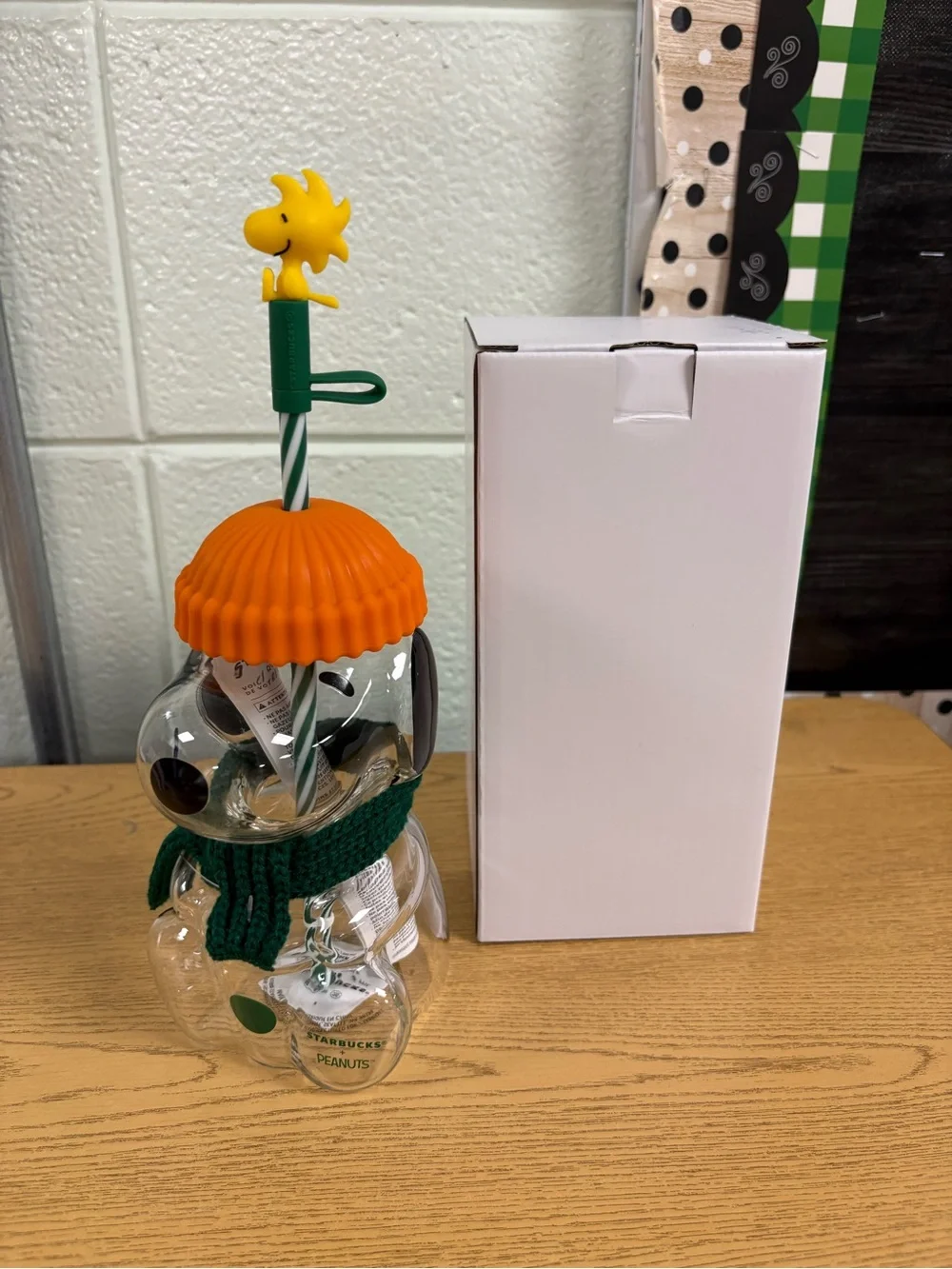 Starbucks Glass Snoopy cup with Orange Hat and Green Scarf
